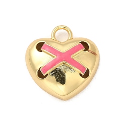 Hot Pink Brass Enamel Charms, Cadmium Free & Lead Free, Golden, Heart with Cross Charm, Hot Pink, 16.5x15.5x5.5mm, Hole: 3mm