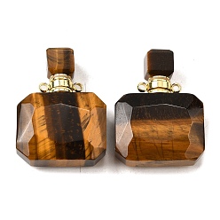 Тигровый глаз Натуральные подвески для флаконов с тигровым глазом, с 304 фурнитурой из нержавеющей стали, граненые, прямоугольник амулеты, золотые, 33~34x25x11~12 мм, отверстие : 1.9 мм