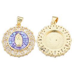 Medium Purple Brass Micro Pave Clear Cubic Zirconia Pendants, with Enamel and Shell, Real 18K Gold Plated, Nickel Free, Flat Round with Virgin Mary, Medium Purple, 23.5x21x4mm, Hole: 3x4mm