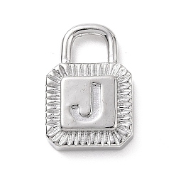 Letter J Eco-friendly Rack Plating Brass Pendants, Cadmium Free & Lead Free, Long-Lasting Plated, Lock with Alphabet, Platinum, Letter.J, 15x10x3mm, Hole: 3.5x4mm
