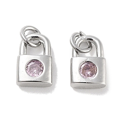Pink Brass Micro Pave Cubic Zirconia Charms, with Jump Ring, Lock, Platinum, Pink, 9x5.5x2.5mm, Hole: 1.6mm