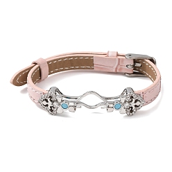 Розовый Регулируемый браслет из коровьей кожи для изготовления бусин, с фурнитурой в виде цветов из латуни, инкрустированной микрофиброй и синтетическим бирюзовым камнем, и застежками из нержавеющей стали., цвет нержавеющей стали, туманная роза, пригодный для 304 мм бусы, 11 дюйм (9.61 см)