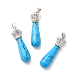 Synthetic Turquoise Synthetic Turquoise Pendants, Teardrop Charms, with Brass Crystal Rhinestone Crown Findings, Platinum, Cadmium Free & Lead Free, 36~39x9.5~11mm, Hole: 5x8mm
