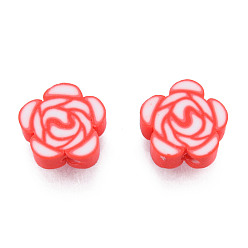 Red Handmade Polymer Clay Beads, Flower, Red, 9~10x9~10x4.5~5mm, Hole: 1.4~1.8mm