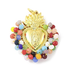 Разноцветный Латунь стекло кулоны, Сердце с Девой Марией, с петлей, долговечный, без кадмия и без свинца, стойки покрытие, реальный 18 k позолоченный, граненые, красочный, 35.5x30.5x8 мм, отверстие : 5.6 мм