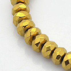 Golden Plated Electroplate Non-magnetic Synthetic Hematite Beads Strands, Faceted Rondelle, Golden Plated, 8x5mm, Hole: 1mm, about 86pcs/strand, 15.7 inch
