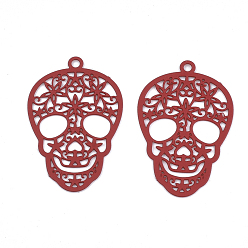 Dark Red 430 Stainless Steel Filigree Pendants, Spray Painted, Etched Metal Embellishments, Skull, Dark Red, 23x15x0.5mm, Hole: 1.2mm
