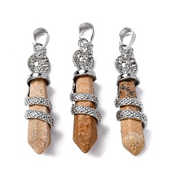 Пейзажный Джаспер Естественного изображения яшмы подвески, латунь прелести, без свинца и без кадмия, 46~47x11~12x11 мм, отверстие : 8x5 мм