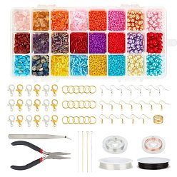 Colorful DIY Jewelry Set Making Kits, Including Natural Gemstone Chip Beads, Glass Seed Beads, Iron Findings, Zinc Alloy Lobster Claw Clasps, Brass Earring Hooks, Copper Wire and Elastic Crystal Thread, Colorful, 6x1.8mm, Hole: 0.6mm, 6 colors, 400pcs/color, 2400pcs/set