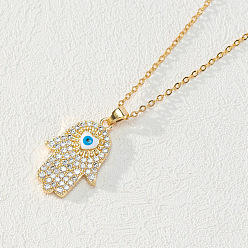 C Stylish Evil Eye Necklace with Diamond Palm Pendant - Minimalist Hamsa Hand Jewelry