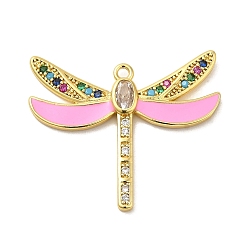 Pearl Pink Rack Plating Brass Cubic Zirconia Pendants, with Enamel, Long-Lasting Plated, Lead Free & Cadmium Free, Real 18K Gold Plated, Dragonfly, Pearl Pink, 25.5x30x3mm, Hole: 1.6mm