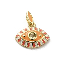 Orange Red Brass Enamel Charms, with Glass, Real 18K Gold Plated, Eye Charm, Orange Red, 11.5x15x3.8mm, Hole: 4.5x1.5mm