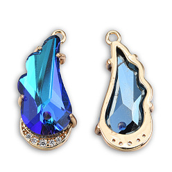 Blue Electroplate K9 Glass Pendants, with Light Gold Plated Brass Findings and Clear Cubic Zirconia, Cadmium Free & Lead Free, Faceted, Wing, Blue, 25x12x6mm, Hole: 1.5mm