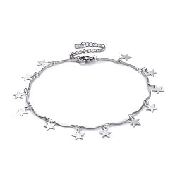 Stainless Steel Color 304 Stainless Steel Scalloped Bar Link Chain Anklets, with Star Charms and Lobster Claw Clasps, Stainless Steel Color, 9-5/8 inch(24.5cm)