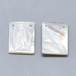 Seashell Color Natural White Shell Mother of Pearl Shell Pendants, Rectangle with Carved Virgin, Seashell Color, 15x12x2.5mm, Hole: 0.8mm