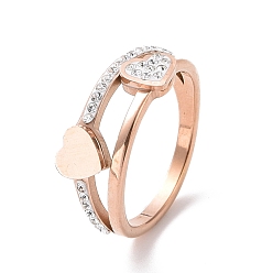 Rose Gold Crystal Rhinestone Heart Finger Ring, Ion Plating(IP) 304 Stainless Steel Jewelry for Women, Rose Gold, US Size 6~9(16.5~18.9mm)