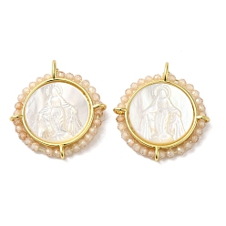 Персиковый Слойка Покрытие стойки латунь микро паве кубический цирконий и подвески в виде ракушек, долговечный, без кадмия и без свинца, реальный 18 k позолоченный, Плоские круглые подвески с узором Девы Марии, розовые, 24.5x22.5x3.6 мм, отверстие : 2.6x3 мм