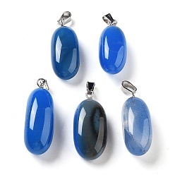 Royal Blue Natural Agate Dyed Pendants, Oval Charms with Stainless Steel Color Plated Stainless Steel Snap on Bails, Royal Blue, 21~32x9.5~16.5x10.5x7.5~12.5mm, Hole: 6x3mm
