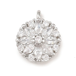 Платина Латунные микропаве прозрачные кубические циркониевые подвески, цветок, долговечный, без кадмия и без свинца, стойки покрытие, платина, 11x9x4.5 мм, отверстие : 1.4 мм