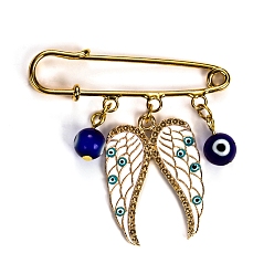 Midnight Blue Evil Eye Angel Wing Charms Alloy Enamel Kilt Pins, with Lucky Eye Lampwork Beads, Golden, Midnight Blue, 50mm, Pendant: 49x24mm