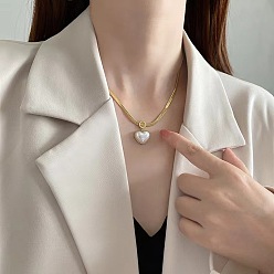 JYH6154 Necklace, Gold Color, White Mother of Pearl Heart-shaped Minimalist Vintage Pearl Heart Titanium Steel Necklace for Women