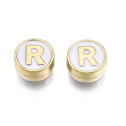 Letter R Alloy Enamel Beads, Cadmium Free & Lead Free, Light Gold, Flat Round with Alphabet, White, Letter.R, 8x4mm, Hole: 1.5mm