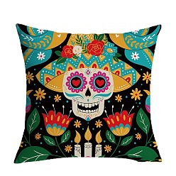 Colorful Cinco de Mayo Theme Flax Pillow Covers, Sugar Skull Pattern Cushion Cover, for Couch Sofa Bed, Square, Colorful, 450x450mm