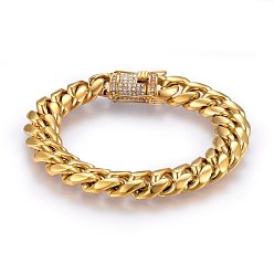 Golden 304 Stainless Steel Curb Chains Bracelets, with Rhinestone and Twister Clasps, Crystal, Golden, 8-5/8 inch(22cm), 14x6mm