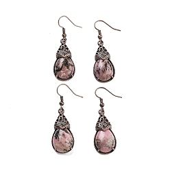 Родонит Серьги-капли с подвесками из натурального родонита, женские латунные серьги с красной медью, 48x15 мм
