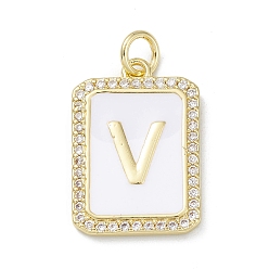 Letter V Brass Enamel Micro Pave Clear Cubic Zirconia Pendants, with Jump Ring, Real 18K Gold Plated, Rectangle Charm, Letter V, 20x13.5x2mm, Hole: 3.4mm