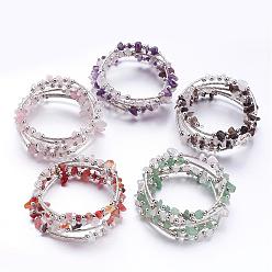Mixed Color Five Loops Wrap Gemstone Beads Bracelets, with Crystal Chips Beads and Iron Spacer Beads, Mixed Color, 2 inch(52mm)