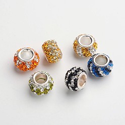 Mixed Color Rondelle 925 Sterling Silver Czech Rhinestone European Large Hole Beads, Mixed Color, 10.5x7.5mm, Hole: 4mm