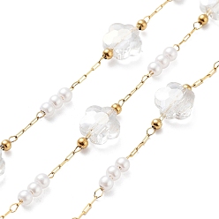 Clear Ion Plating(IP) 304 Stainless Steel Handmade Beaded Chain, with Glass, ABS Imitation Pearl, with Spool, Soldered, Real 18K Gold Plated, Flower, Clear, 8x8x4.5mm, about 16.40 Feet(5m)/Roll