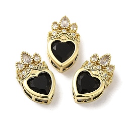 Black Rack Plating Brass Cubic Zirconia Pendants, with Glass, Long-Lasting Plated, Lead Free & Cadmium Free, Real 18K Gold Plated, Heart, Black, 21.5x13x8mm, Hole: 6x3mm and 4.5x3mm