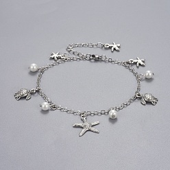 White Brass Charm Anklets, with Glass Pearl, Alloy Charms and Stainless Steel Findings, Ocean Theme, White, 9-1/8 inch(23.2cm), 0.8~2.8mm