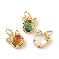 Mixed Color Brass Cubic Zirconia Charms, with Glitter Powder Glass & Jump Ring, Long-Lasting Plated, Lead Free & Cadmium Free, Cat, Real 18K Gold Plated, Mixed Color, 9.5x8.5x5.5mm, Jump Ring: 5x0.7mm, Inner Diameter: 3.6mm