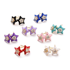Mixed Color Star Sparkling Cubic Zirconia Stud Earrings for Girl Women Gift, Real 18K Gold Plated Brass Enemel Earrings, Mixed Color, 9.5x10x3.5mm, Pin: 0.9mm