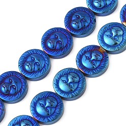 со Синим Покрытием Гальванические нити из синтетических немагнитных гематитовых бусин, плоский круг с вырезанной головой животного, с покрытием синим, 12x4 мм, отверстие : 0.8 мм, около 33 шт / нитка, 15.59~15.75'' (39.6~40 см)