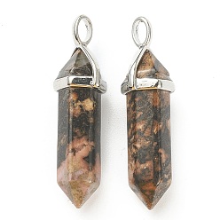 Rhodonite Natural Rhodonite Pendants, with Platinum Tone Brass Findings, Bullet, 39.5x12x11.5mm, Hole: 4.5x2.8mm
