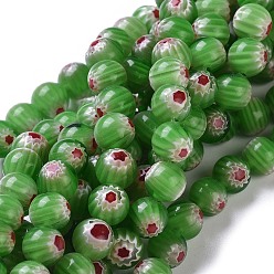 Citron Vert Rondes verre de millefiori perles brins, lime, 7.6~8mm, Trou: 1mm, Environ 48 pcs/chapelet, 14.9 pouce