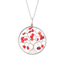 Synthetic Coral Synthetic Coral Chips Beaded Tree of Life Pendant Necklaces, with Platinum Alloy Chains, 19.69 inch(50cm)