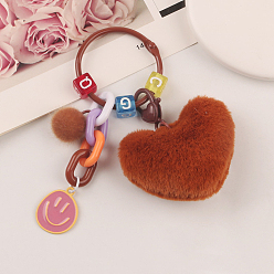 Brown Plush Heart Pendant Decorations, Alloy Enamel Smiling Face Keychain Ornaments, Brown, 60mm