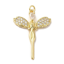 Clear Rack Plating Brass Micro Pave Cubic Zirconia Pendants, Cadmium Free & Lead Free, Long-Lasting Plated, Real 18K Gold Plated, Fairy, Clear, 33x24x3.5mm, Hole: 2.8mm