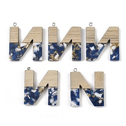 Letter N Кулоны из непрозрачной смолы и дерева, буквы, с платиновой петлей, Письмо N, 37.5~45x11~53x6 мм, отверстие : 2 мм