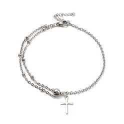 Cross Устойчивый к потускнению 304 браслет на щиколотку из нержавеющей стали с подвесками и цепочками-спутниками для женщин, цвет нержавеющей стали, накрест, крест: 16x9.5x0.5 мм, 8-7/8 дюйм (22.5 см)