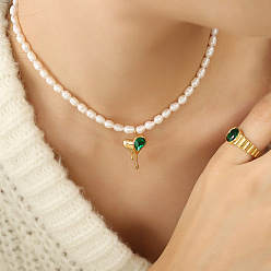 P1267-Golden Green Zircon Necklace-35+7cm Elegant Personality Freshwater Pearl Necklace Fashion Melting Love Inlaid Zircon Letter Pendant Jewelry