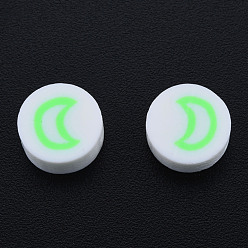 Green Yellow Handmade Polymer Clay Beads, Flat Round with Moon, Green Yellow, 9~9.5x4~5mm, Hole: 1.6mm
