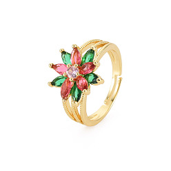 Colorful Cubic Zirconia Flower Adjustable Ring, Real 18K Gold Plated Brass Jewelry for Women, Cadmium Free & Lead Free, Colorful, US Size 7 1/4(17.5mm)