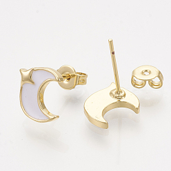 White Brass Stud Earrings, with Enamel and Ear Nuts, Moon with Star, Golden, White, 10x9mm, Pin: 0.7mm