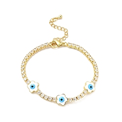 White Flower with Evil Eye Enamel Link Bracelet with Clear Cubic Zirconia Tennis Chains, Gold Plated Brass Jewelry for Women, Cadmium Free & Lead Free, White, 6-7/8 inch(17.5cm)